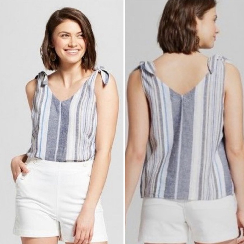 A New Day Linen Blend Tie Shoulder Striped Tank